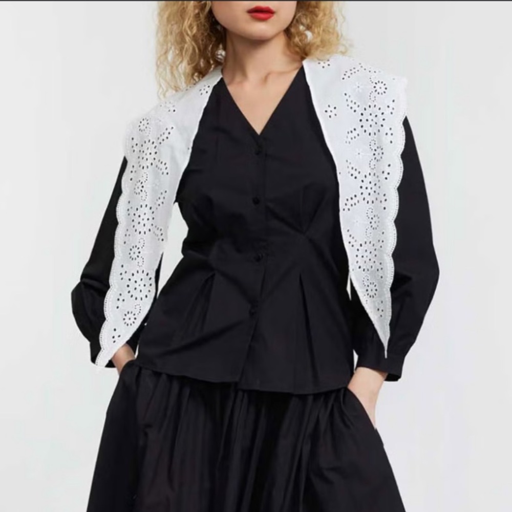 NWT Batsheva sage blouse black white broderie anglaise 10